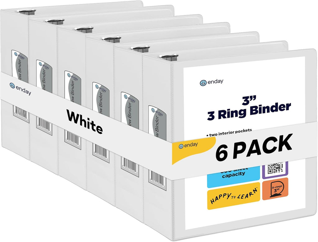 3 Inch Binder 3 Ring Binders White, Slant D-Ring 3” Clear View Cover with 2 Inside Pockets, Heavy Duty Colored School Supplies Office and Home Binders, 6 Pack – by Enday