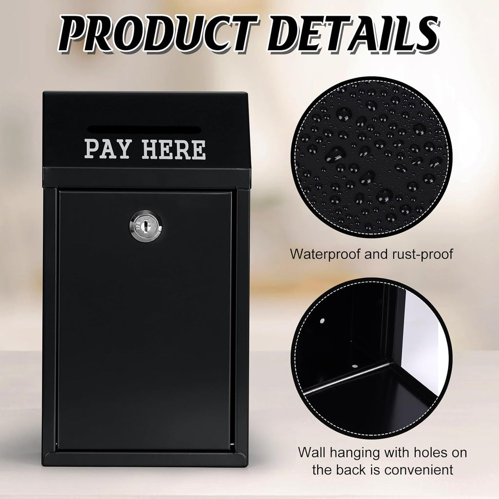 Metal Donation Box Collection Safe Suggestion Box with Lock Wall Mounted Mailbox Delivery Ballot Case Key Drop Case for Home Office Outdoor Door (Balck, 10.24 x 5.71 x 2.95 Inch)