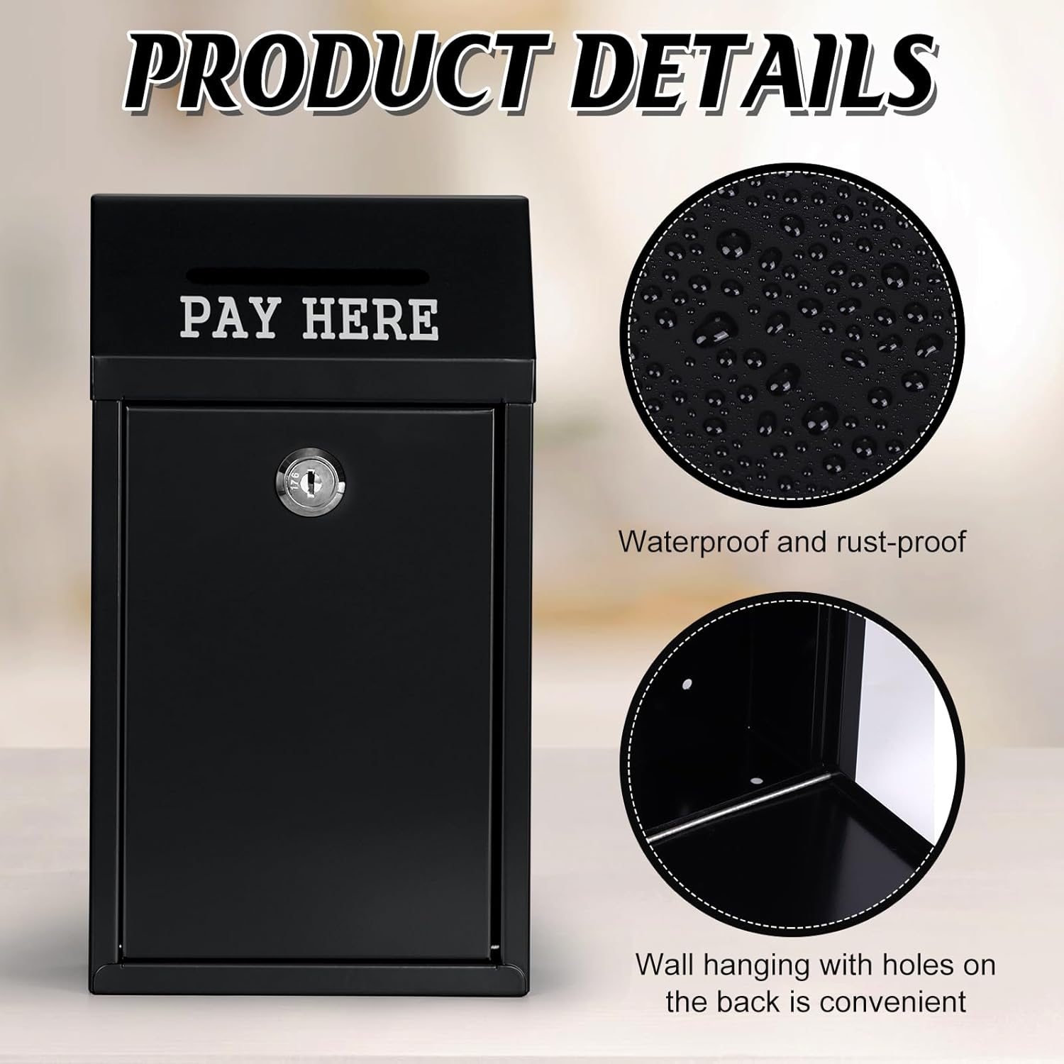 Metal Donation Box Collection Safe Suggestion Box with Lock Wall Mounted Mailbox Delivery Ballot Case Key Drop Case for Home Office Outdoor Door (Balck, 10.24 x 5.71 x 2.95 Inch)