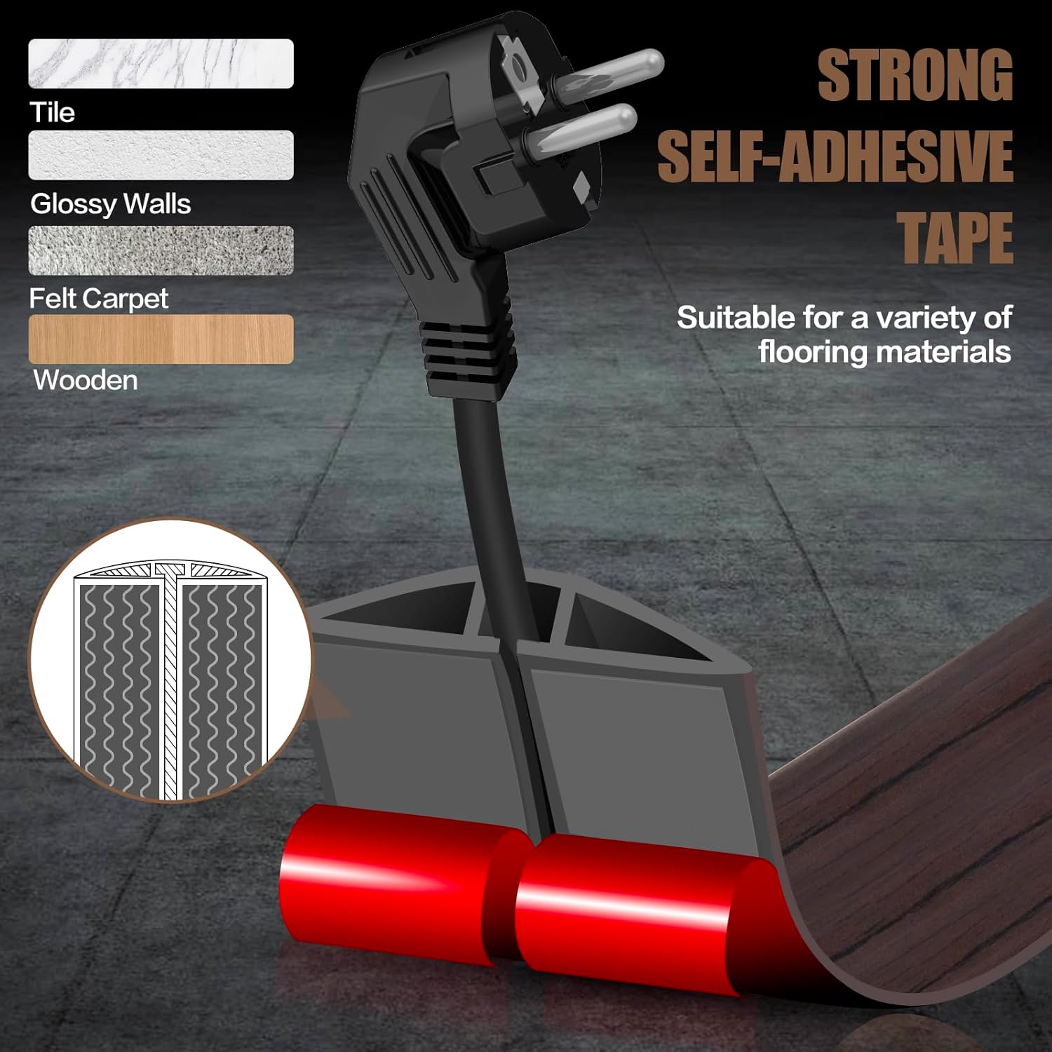 Floor Cord Cover Self Adhesive Cord Hider,20FT Cable Management, Extension Strip Protector for Wires, Prevent Cable Trips for Offices, Gyms, Exhibitions Cavity:0.39"(W) x 0.27"(H) Black Wood