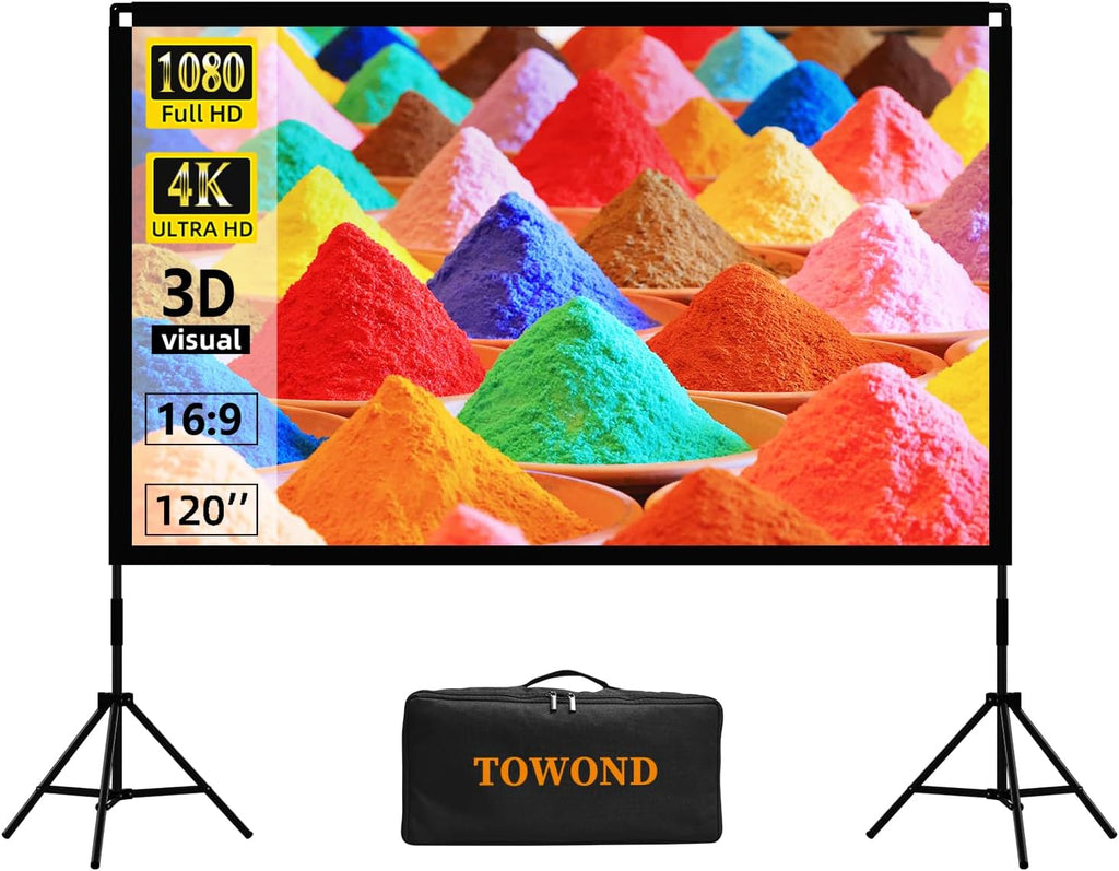 Projector Screen with Stand, Towond 120 inch Portable Movie Screen Indoor Outdoor 16:9 HD Front Rear Projection Screen with Carry Bag Wrinkle-Free and Foldable Polyester Fabric Design for Home Theater