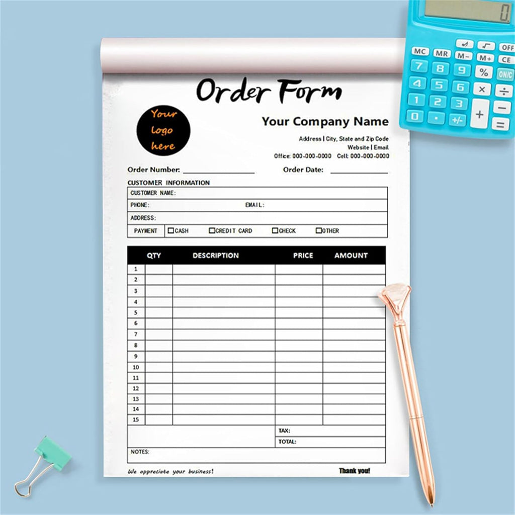 Custom Invoice Book in 3-Part /2-Part Receipt Book with Carbon Copies Personalized Carbonless Service Invoice Form Books Sales Order Book with Company Name Logo Address,B-Order Form Book with Logo