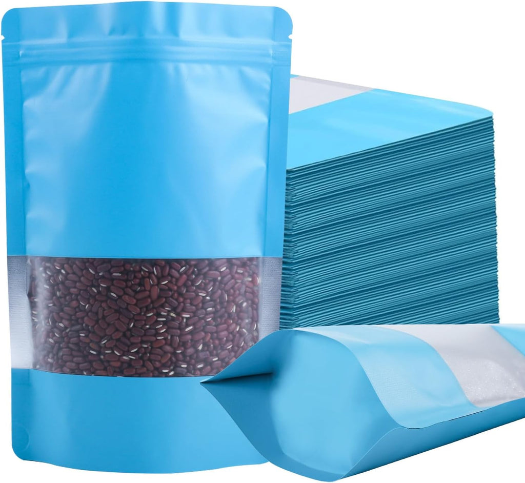 100 Pack Smell Proof Bags, Resealable Blue Mylar Bags with Matte Window, Foil Pouch Stand Up Sealable Bags for Packaging, 4.72 × 7.87 Inch