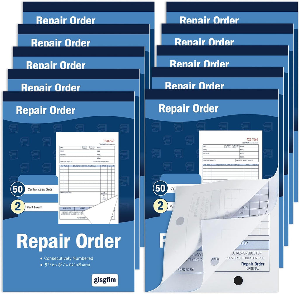 gisgfim 10 Pad Repair Order Book 2 Part Carbonless Receipt Books Consecutively Numbered with Claim Check Stub Invoice Receipt Book Work Order Form Receipt Book Order for Small Business 50 Set per Pads