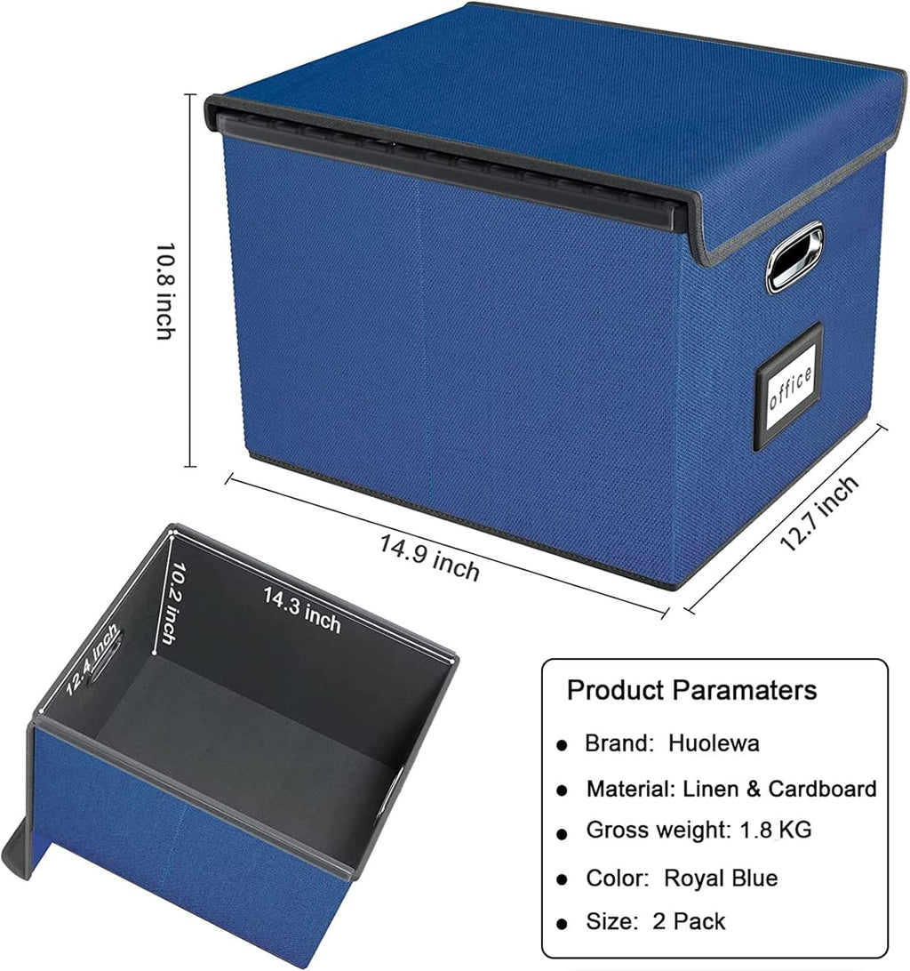Huolewa Decorative File Organizer Boxes Office Document Storage with Lids, Portable Collapsible Linen Hanging Filing & Storage Boxes for Office/Decor/Home (Royal Blue) -14.9 x 12.7 x 10.8 inch -2 Pack