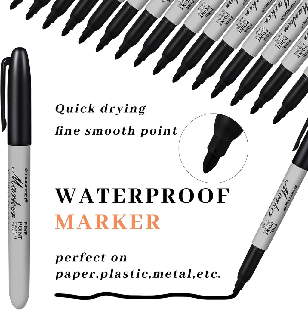 Thenshop 60 Pack Permanent Markers Bulk Black Permanent Marker Set Fine Point Pens Work on Wood, Metal, Stone, Glass