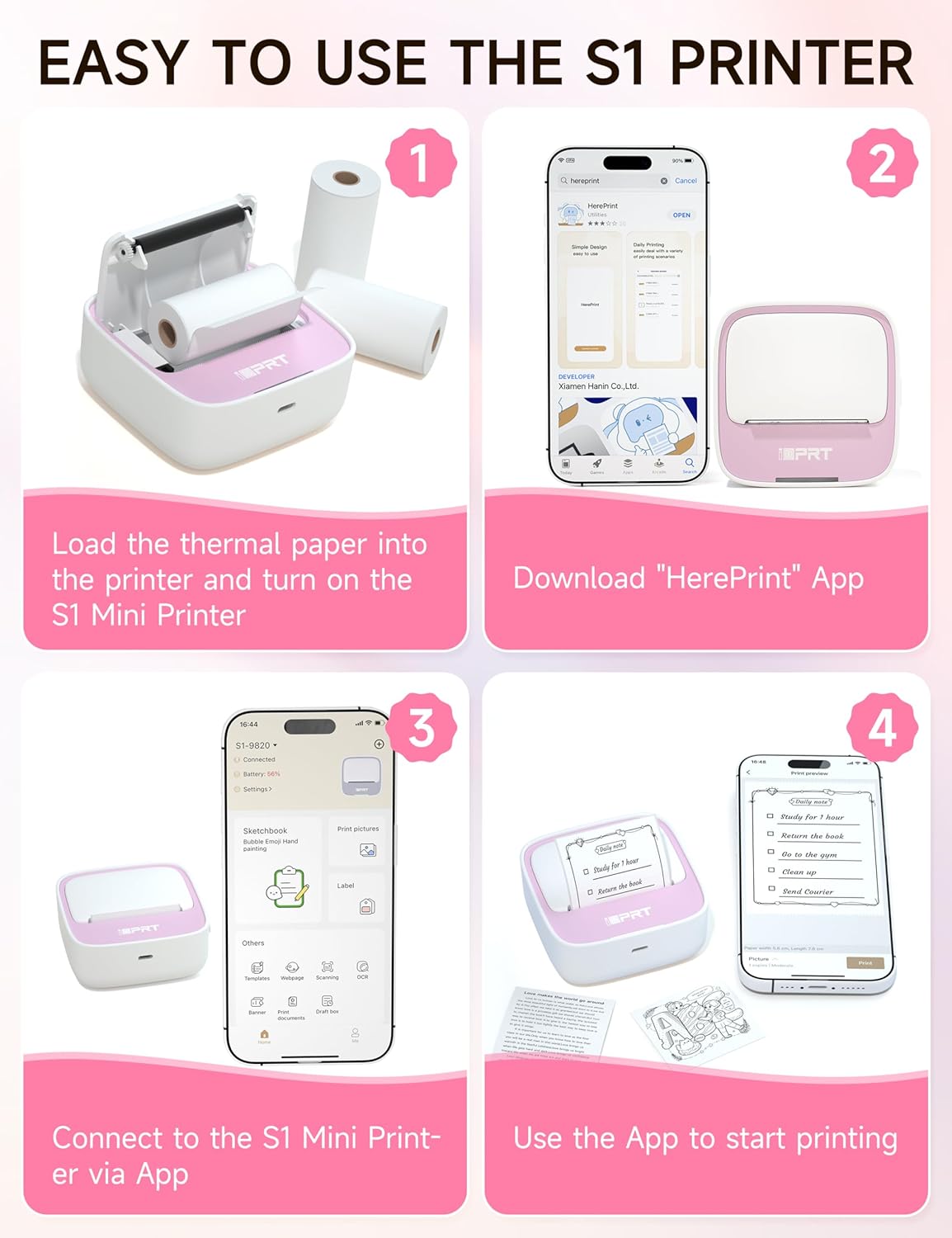 iDPRT Portable Sticker Maker Machine with 1 Roll Sticker Paper, Mini Printer Efficiently and Quickly, Thermal Printer for Study Notes, Pictures, DIY, Label, Free App with Multiple Templates, Pinkcolor