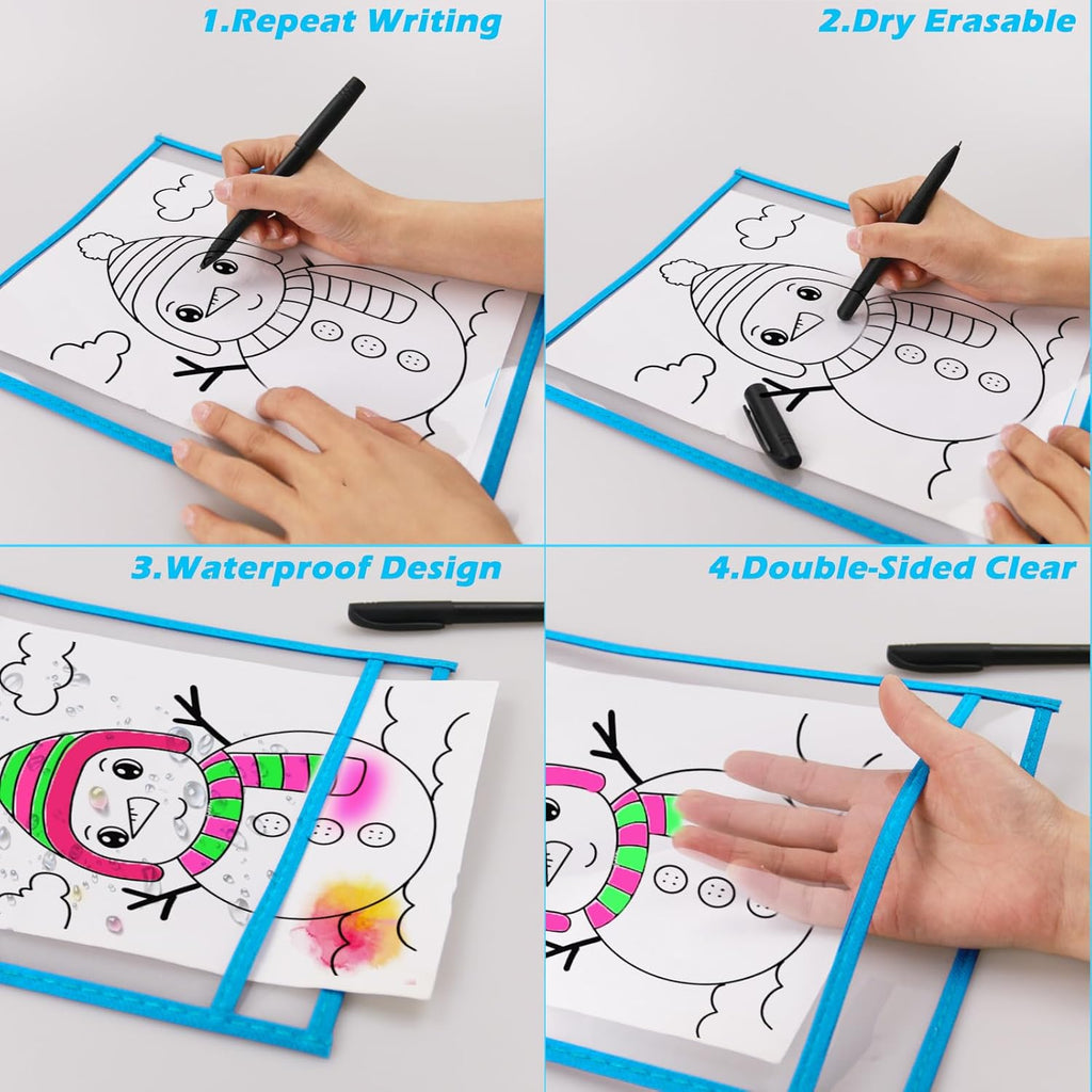 100 Packs Oversized Reusable Dry Erase Pocket Sleeves with 6 Rings, 20 Assorted Colors 10x14 Ticket Holders, Clear Plastic Sheet Protectors, Teacher School Classroom Supplies