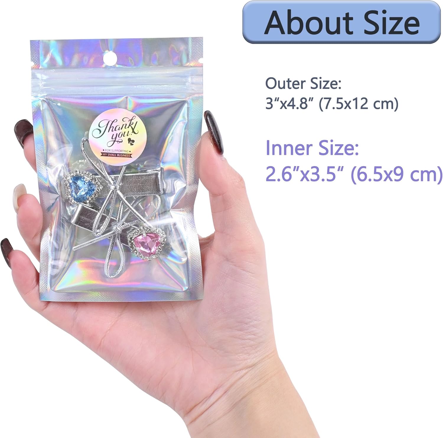 100 Pack Holographic Resealable Plastic Bags for Food Storage, Zipper Bags with Clear Front Window, Packaging Pouch for Small Business (100 Pack, 3x4.8 inch)