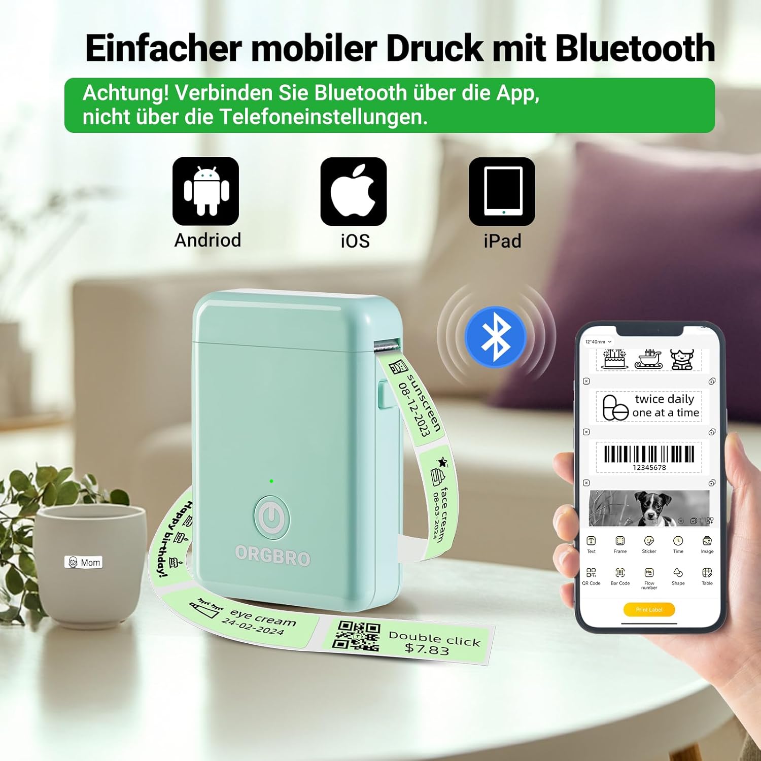 ORGBRO Label Maker Machine with Tape, X1 Portable Bluetooth Mini Label Printer, Support Pre-Cut & Continuous Label, Wireless Small Label Makers with Versatile App for School Home Office Organization