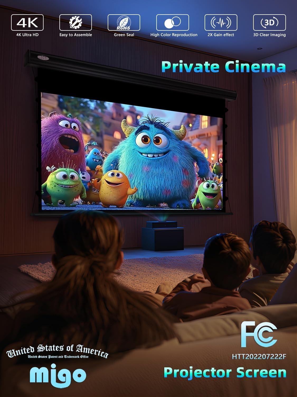 150 inch pull down projector screen, Grey Crystal Material 2.0 Gain 4K Ultra HD Projector Screen Ceiling Mount with remote for Ultra Short Throw Projector Movie Home Theater Cinema(Black Housing)