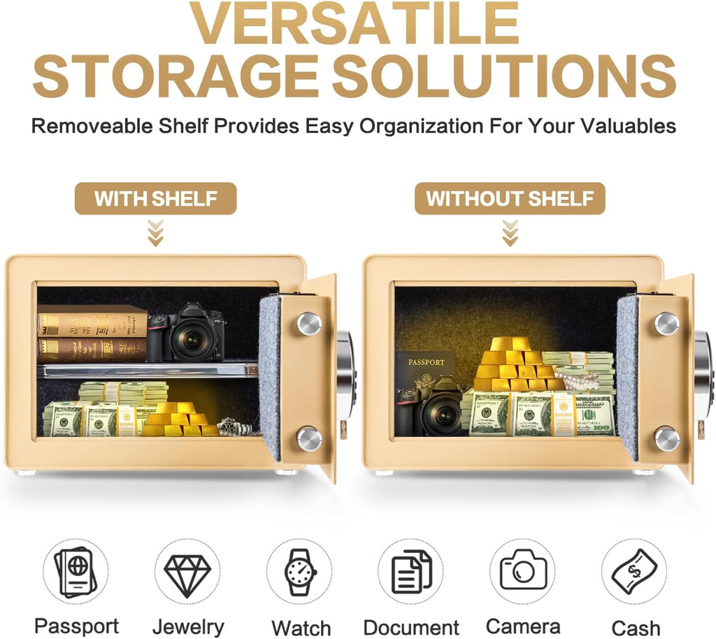 Safe for Home, Small Safe with Fireproof Bag, Removable Shelf, 1.0 Cubic Feet Digital Electronic Security Money Box for Cash, Document, Home, Office, Hotel Use, Champagne Gold，9.84"Dx 13.78"W x 9.84"H