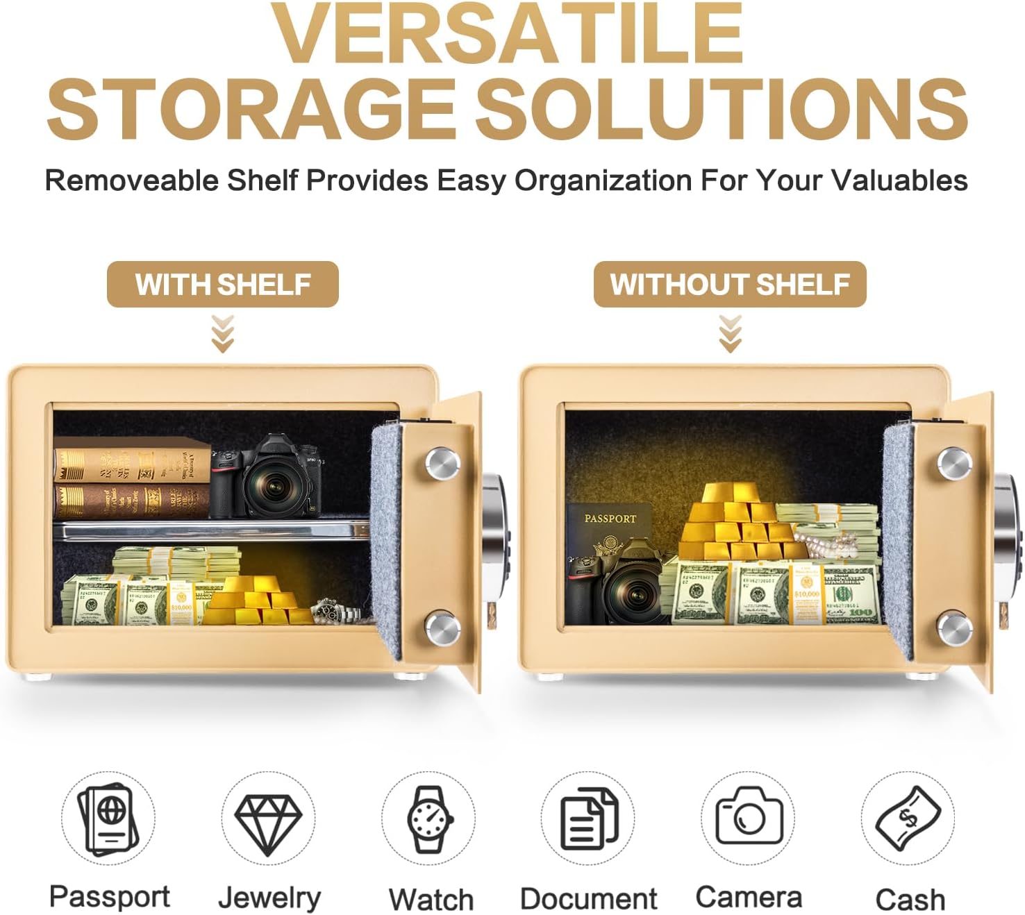 Safe for Home, Small Safe with Fireproof Bag, Removable Shelf, 1.0 Cubic Feet Digital Electronic Security Money Box for Cash, Document, Home, Office, Hotel Use, Champagne Gold，9.84"Dx 13.78"W x 9.84"H