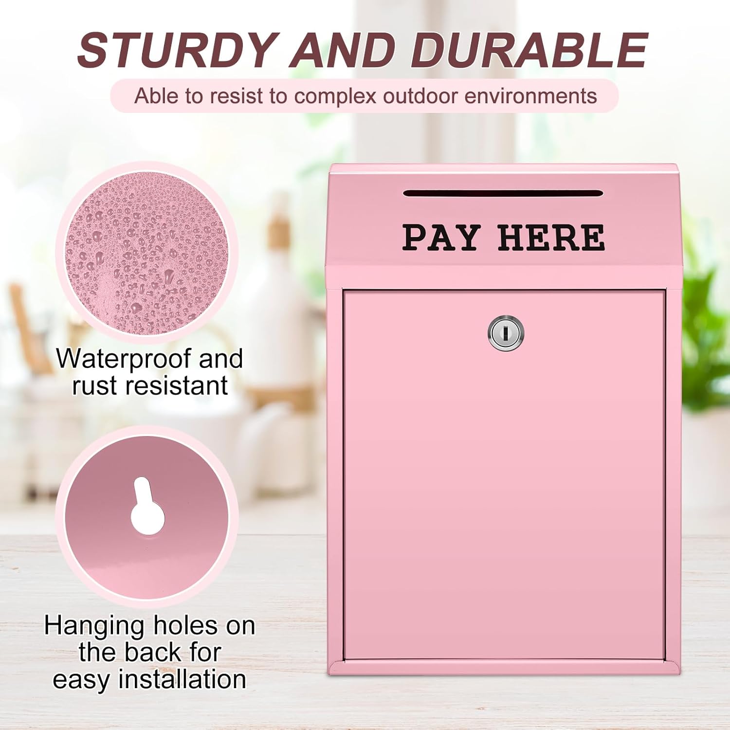 Safe Cash Box Money Collection Metal Donation Box with Lock Wall Mount Pre Drilled Mailbox Delivery Ballot for Home Office Outdoor Self Serve Stand(Pink,11.8 x 8.6 x 4.7 Inch)
