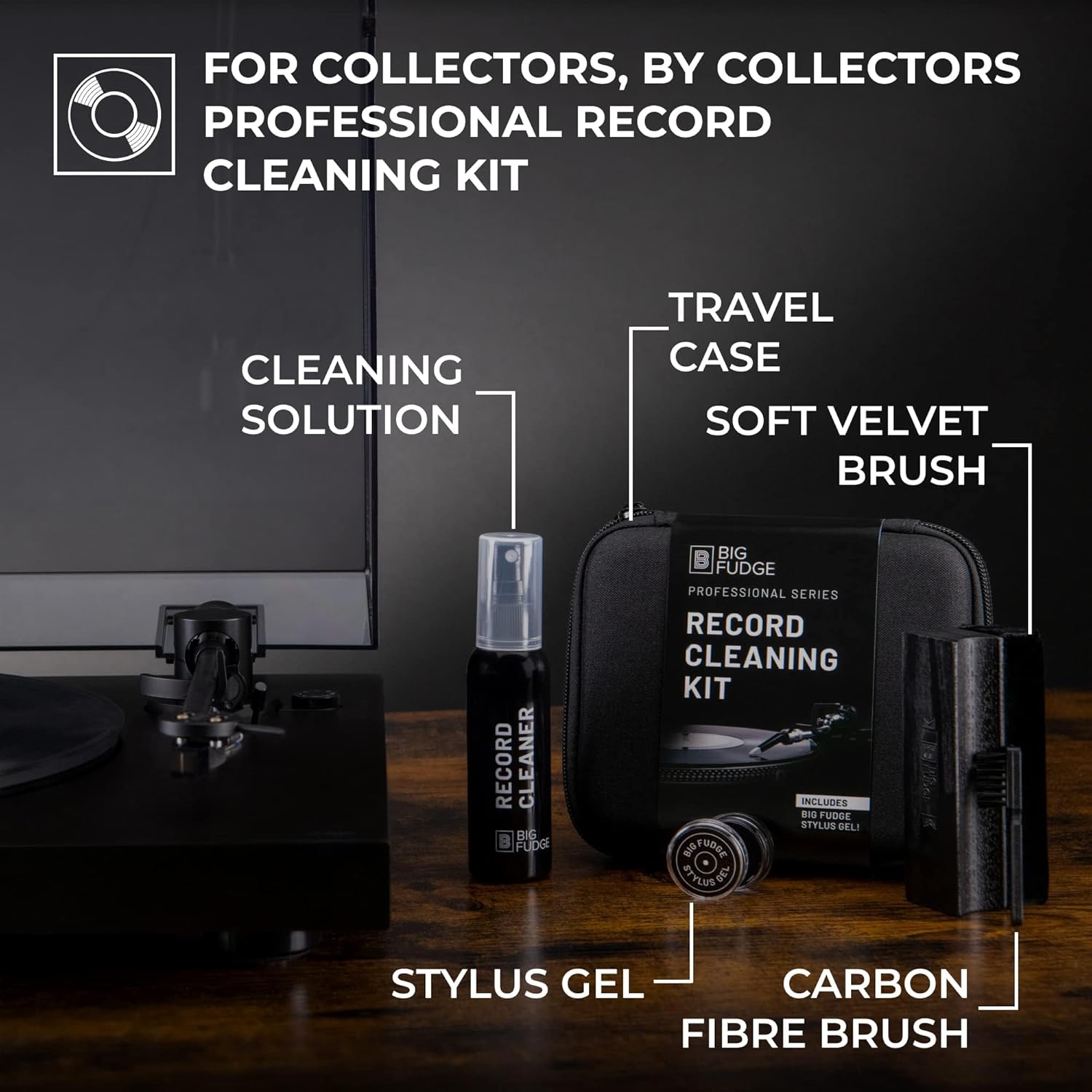 BIG FUDGE Professional Series Vinyl Record Cleaner Kit - Vinyl Record Cleaning Kit Includes Vinyl Record Brush Cleaning Fluid, Stylus Gel, Brush for Velvet, Padded Storage Case