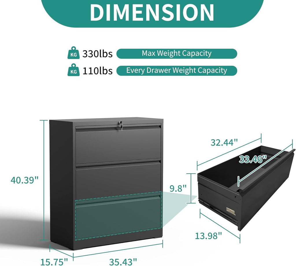 3 Drawer Lateral File Cabinet with Lock, Metal Filing Cabinets for Home Office, Steel Storage Wide File Cabinet for Letter/Legal/F4/A4 Size with Hanging Bars, Assembly Required (Black)