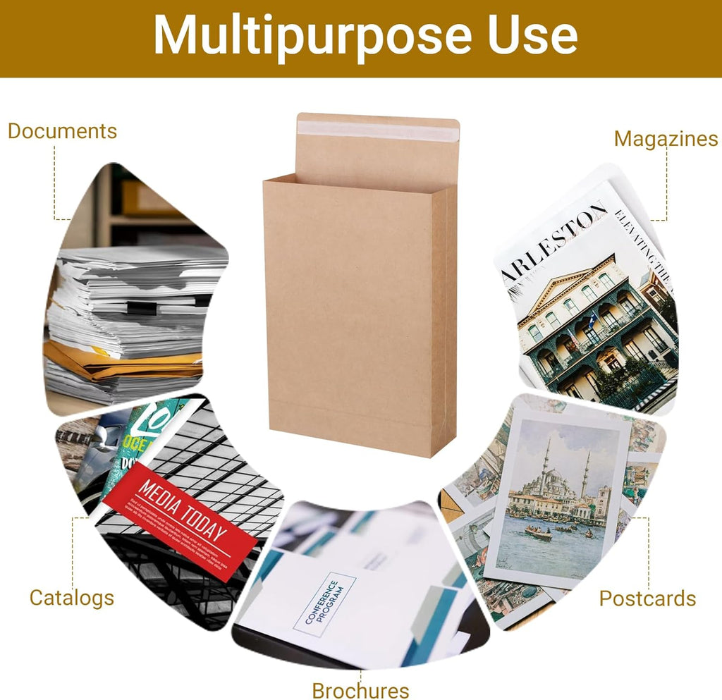 25 Pack 9.4" x 13.2" Large Kraft Expandable Catalog Envelopes, Self Seal Manilla Envelopes Mailing for Documents, Magazines, Photos (Extra labels for Use)