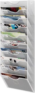 10 Tier Hanging Wall File Holder, Metal A4 Wall Mounted Document Holder, Vertical Hanging Mail Organizer, Magazine Storage Rack with Tray for Office Home Classroom, White