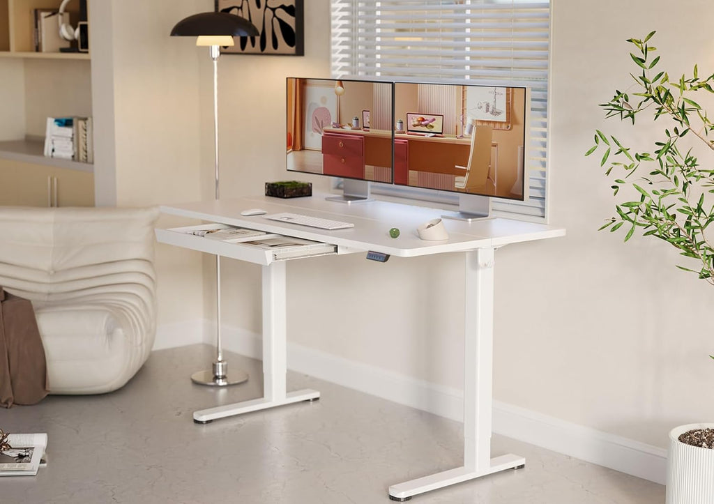 YDN Standing Desk with Drawers, 55 x 24 Inch White Standing Desks Electric Adjustable Height Desk for Computer Workstations, White