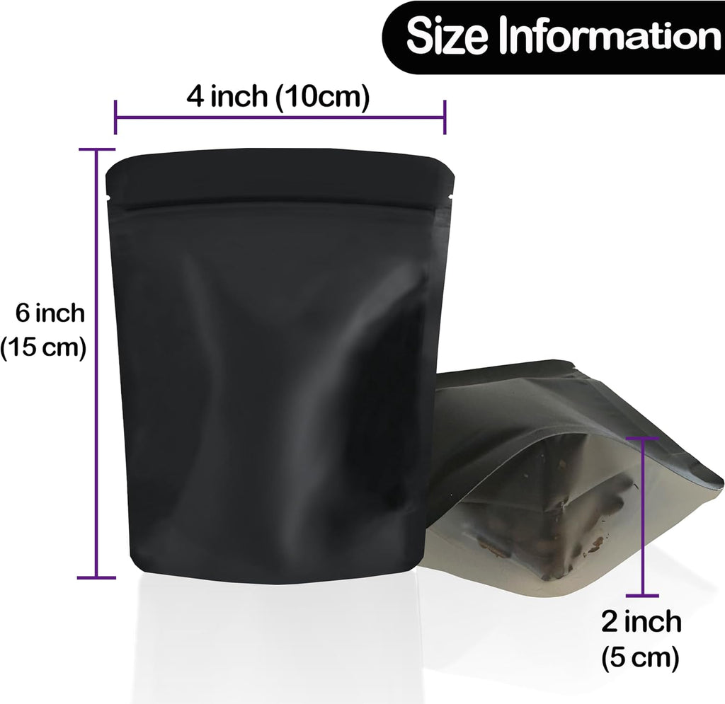 100 Pack Mylar Bags, 4 x 6 inchs Premium Smell Proof Bags with Double-sided Matte Design ，Resealable Food Storage Aluminum Foil Stand-up Packaging Bags. (7 Grams or 1/4 Onces)
