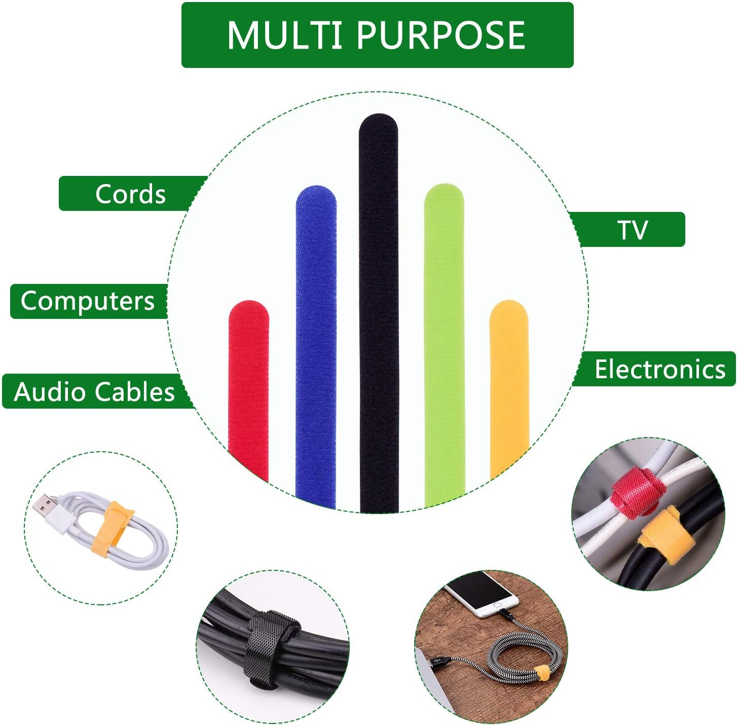 OneLeaf 60 Pcs Reusable Fastening Cable Ties with Hook and Loop, Multi-Purpose Cable Straps Wire Ties Cable Management, Adjustable Cord organizer Ties for Computer/TV/Electronics, 3 Sizes and 5 Colors