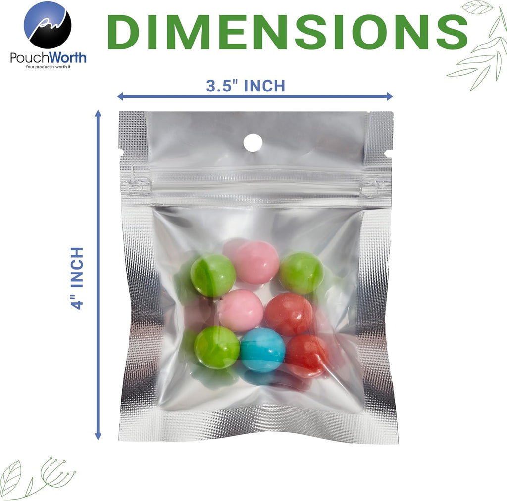 100 Pieces 3.5" x 4.5" Clear/Silver Resealable 3 Seal Pouch Bags Mylar Food Packaging with Tear Notches