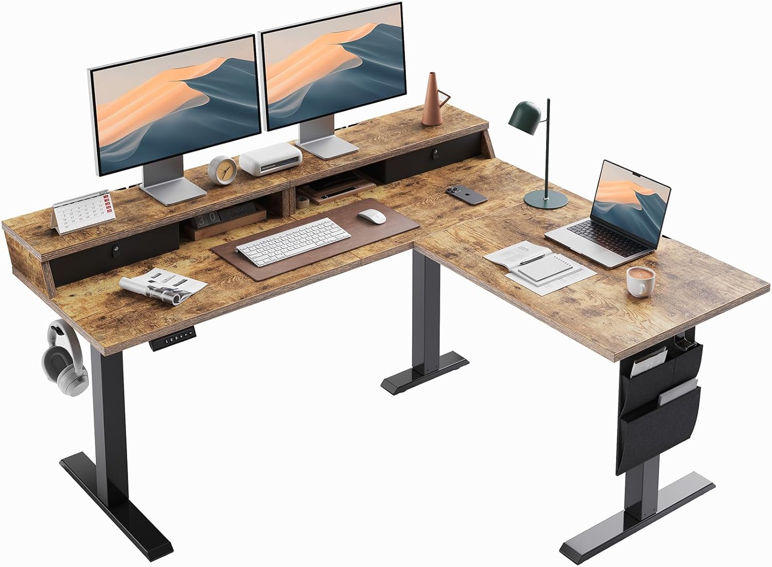 ErGear L Shaped Electric Standing Desk, 63" Ergonomic Corner Height Adjustable Desk with Drawers, Sit Stand Computer Table with Storage for Work Office Home, Vintage Brown