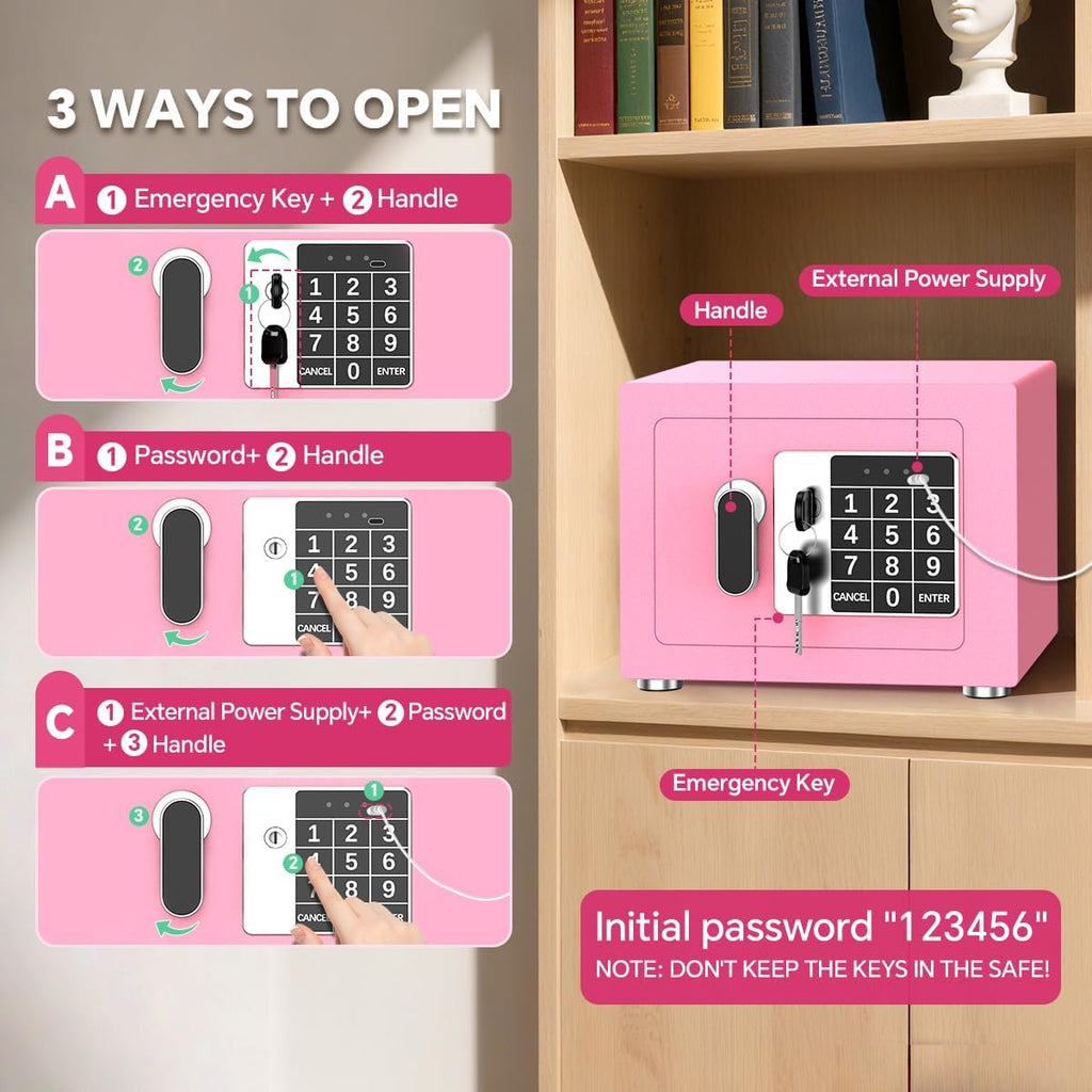 Small Home Safe, 6.7”D x 9”W x 6.7”H, Electronic Keypad Lock Security Box for Cash, Jewelry, Passport, Hidden Safe for Closet, College Dorm Room, Pink