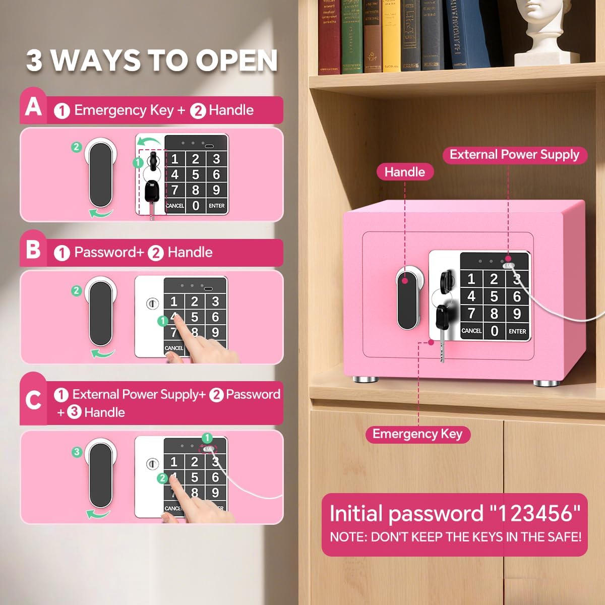 Small Home Safe, 6.7”D x 9”W x 6.7”H, Electronic Keypad Lock Security Box for Cash, Jewelry, Passport, Hidden Safe for Closet, College Dorm Room, Pink