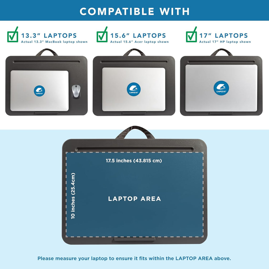 LAPGEAR Original Lap Desk – Large (17.9” x 13”) | Fits Up to 17.3” Laptops | Cushioned with Device Ledge, Pencil Tray & Handle | Portable & Lightweight | Charcoal – Style No. 45155