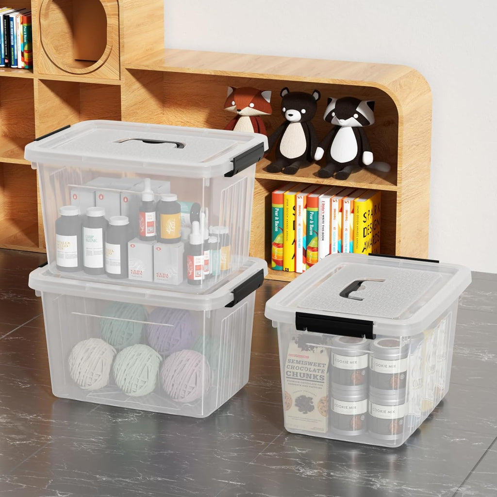 4 Pack Plastic Storage Boxes, Lidded Storage Bins with Handle, 20L, Clear