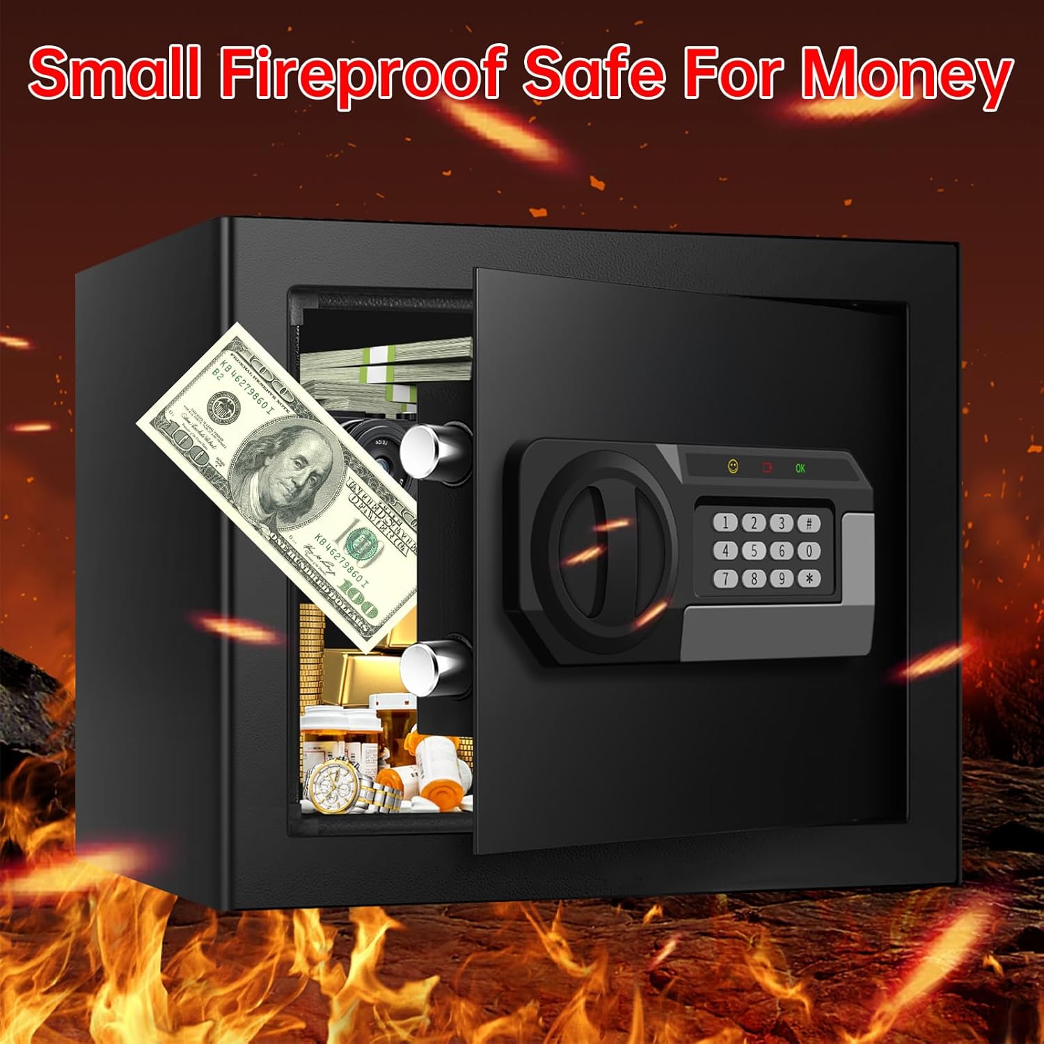 1.8 Cubic Feet Small Personal Safe for Home Use, Anti-theft Fireproof Lock Box with Programmable Keypad, Spare Keys and Removable Shelf, Digital Home Security Safe for Money Documents Medicines
