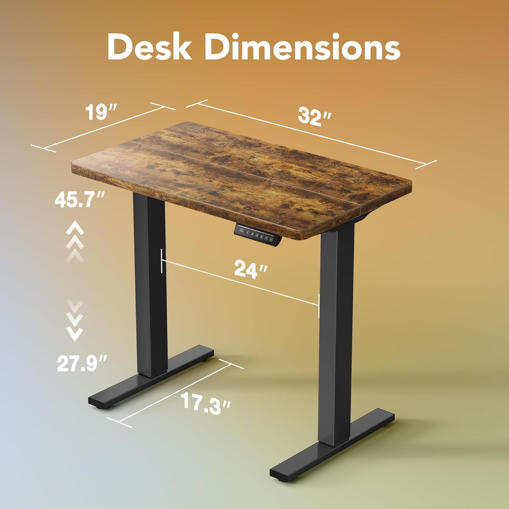 HUANUO 32" Small Electric Standing Desk Adjustable Height, 4 Memory Height Settings, Sit Stand Up Desk for Home Office & Computer Workstation, Vintage Brown