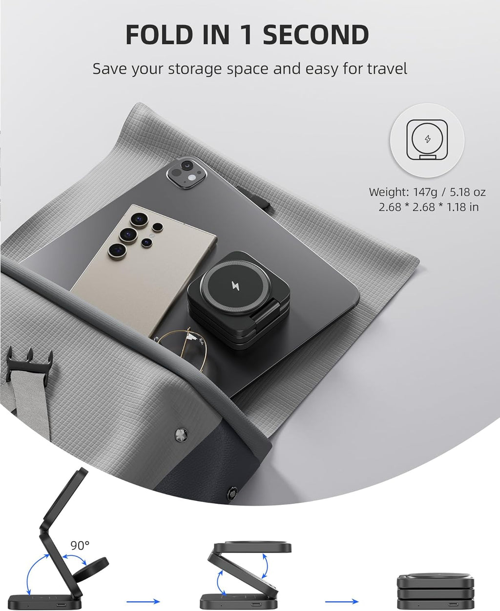 Foldable 3 in 1 Wireless Charging Station for Samsung, KU XIU X55 Ultra Magnetic Travel Charger Stand for Galaxy S24 Ultra S23 S22 Note 20 Z Fold Flip 6 5, Galaxy Watch Ultra 7 6 5, Galaxy Buds, Black