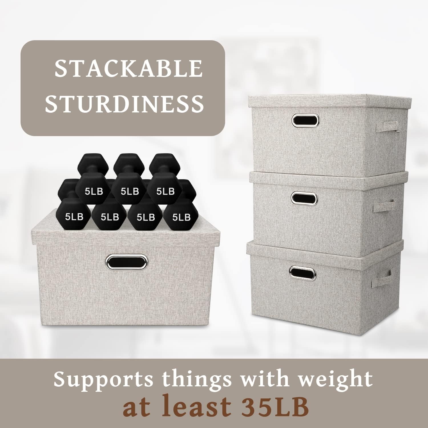 Medium 15" 21 Quart Collapsible Stackable Storage Bins with Lids, 1 Pack Beige Foldable Fabric Closet Storage Boxes with Lids, Heavy-duty Linen Baskets for Bedroom