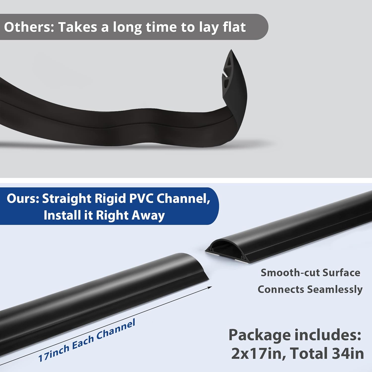 Cord Cover Floor 34in (2 x L17in), Large Capacity Floor Cable Cover, Hard PVC Cord Hider, Wire Cable Management Raceway, Black, Cord Cavity - 1.8"(W) x 0.6"(H)
