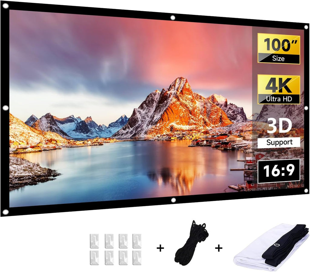 Portable Projector Screen 100 Inch 16:9 HD Folding Indoor Outdoor Movie Screen for Gaming Office Home Cinema