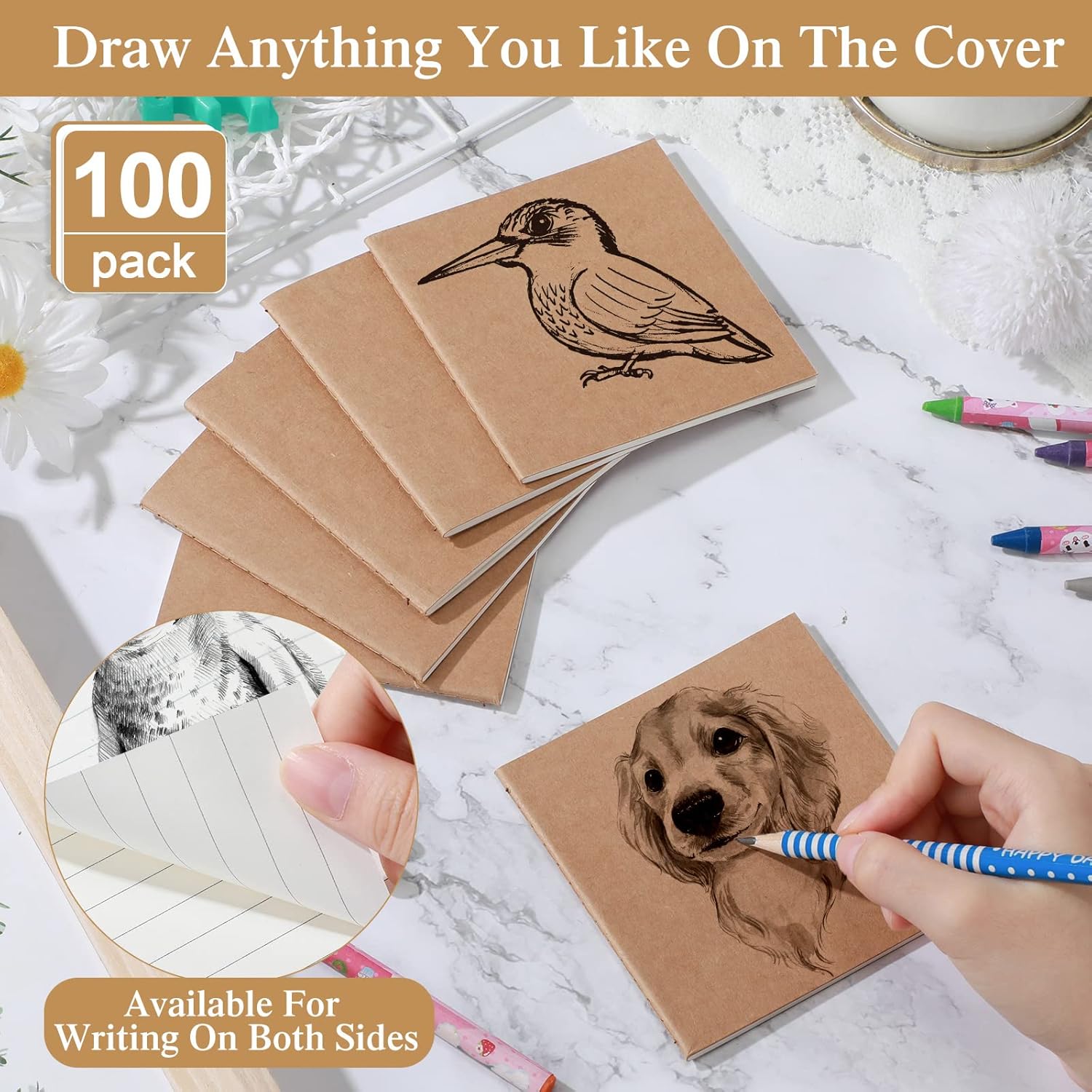 100 Pieces Mini Notebook Bulk Set Small Kraft Paper Blank Lined Journals Pocket Journal Sketchbooks for Kids Drawing Sketchbook Office Supplies 4 x 4 Inch Small Notebooks with 24 Sheets (Blank, Lined)