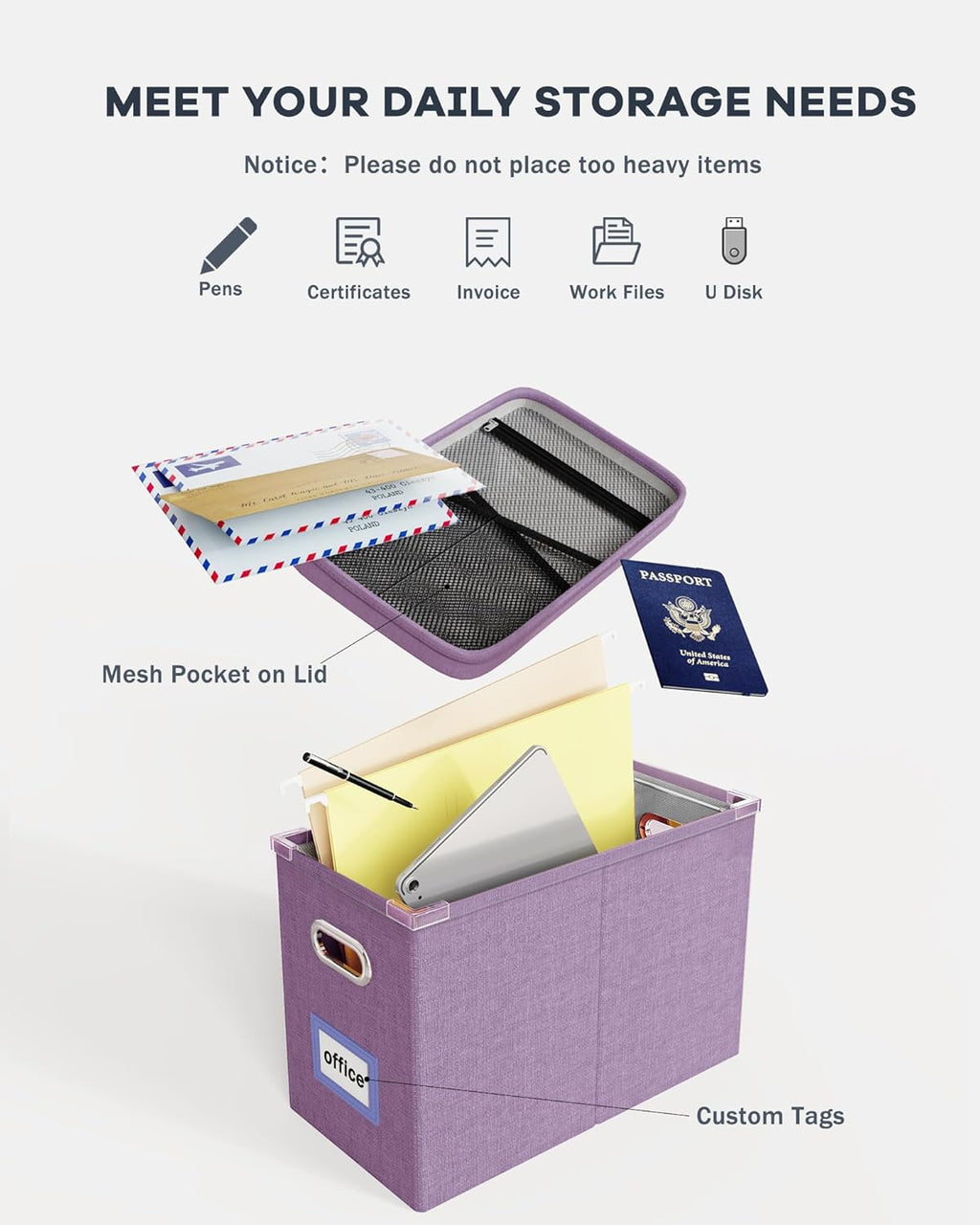 Oterri File Organizer with Lid, Hanging Filing Box with Mesh Pocket, Document Organizer for Letter Files, Portable Storage Box for Office & Home (1 PCS, Taro Purple)