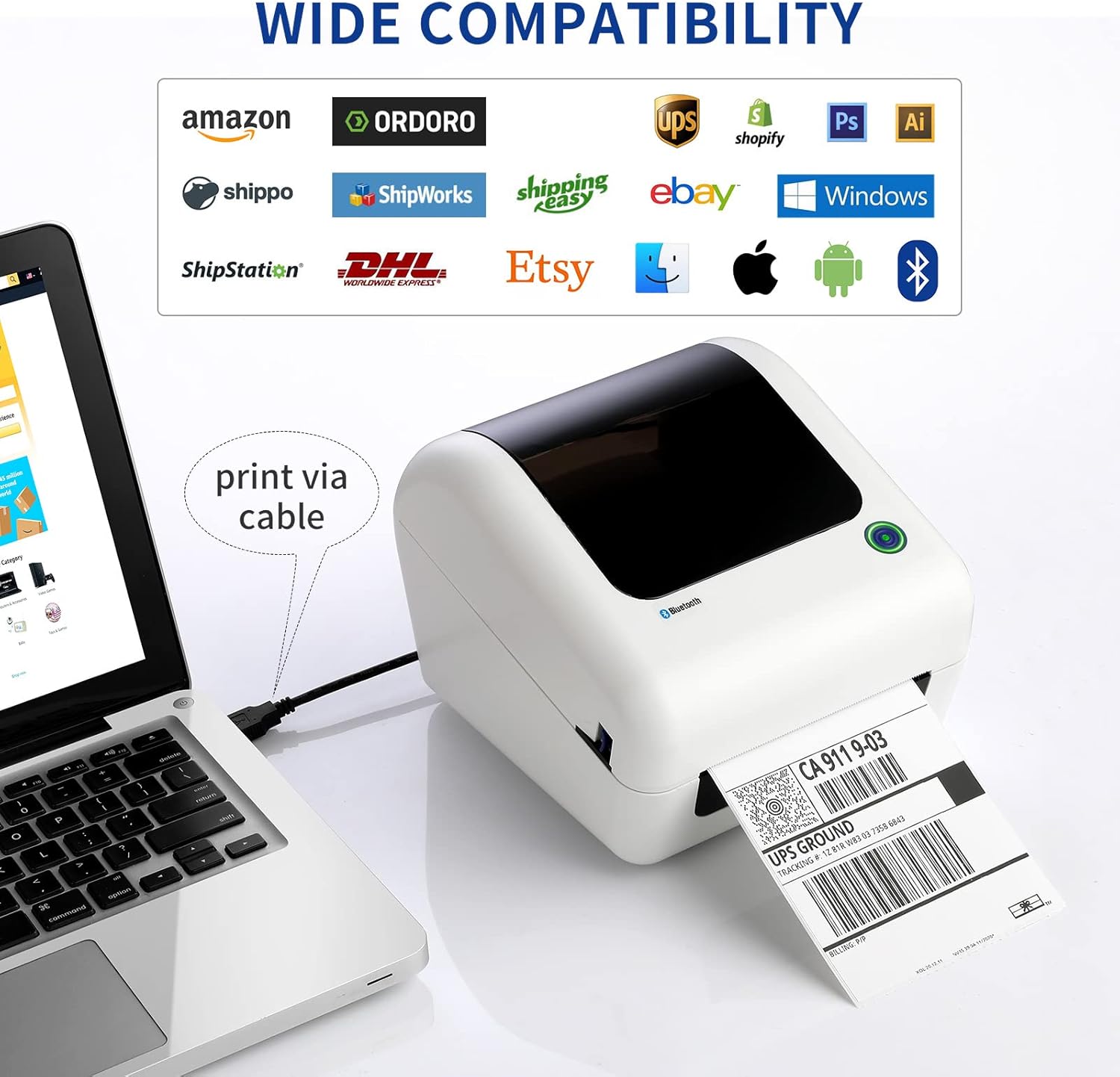 JADENS Bluetooth Thermal Shipping Label Printer - High Speed 4x6 Wireless Label Maker Machine, Support PC, Phone, USB for MAC, Compatible with Ebay, Amazon, Shopify, Etsy, USPS Barcode, Mailing