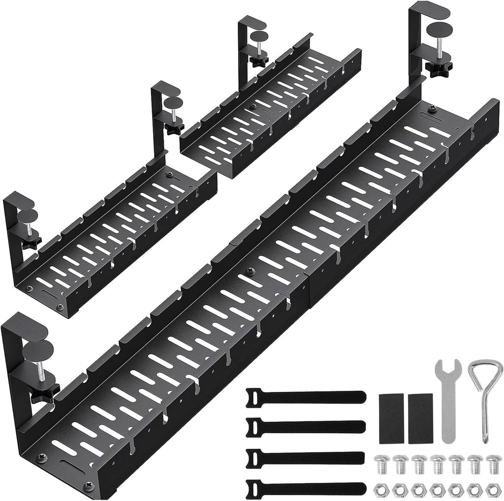 WIGAKDRU 31Inch Extendable Under Desk Cable Management Tray, Black Metal Cable Management Tray Under Desk Cord Management with Clamp, 31 Inch x 4.33 Inch