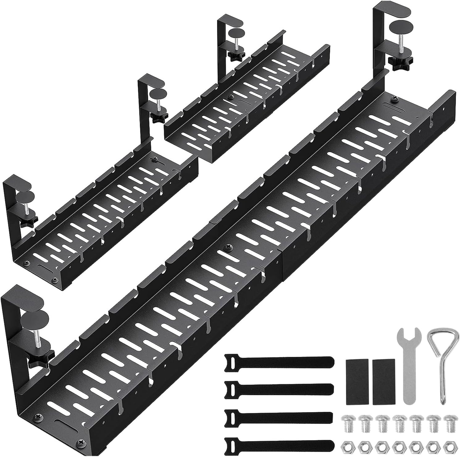 WIGAKDRU 31Inch Extendable Under Desk Cable Management Tray, Black Metal Cable Management Tray Under Desk Cord Management with Clamp, 31 Inch x 4.33 Inch