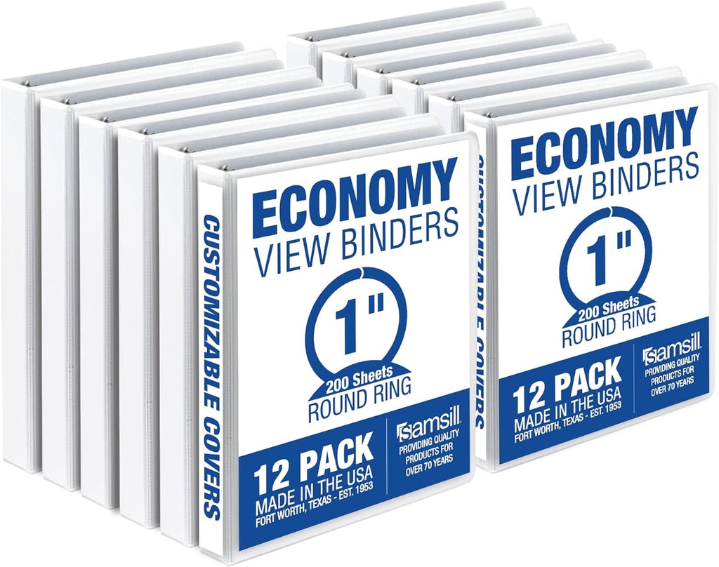 Samsill 1 Inch 3 Ring Binders, Made in USA, Economy Round Ring, Clear View Cover, 200 Sheet Capacity - for School, Home, Office - White, 12 Pack