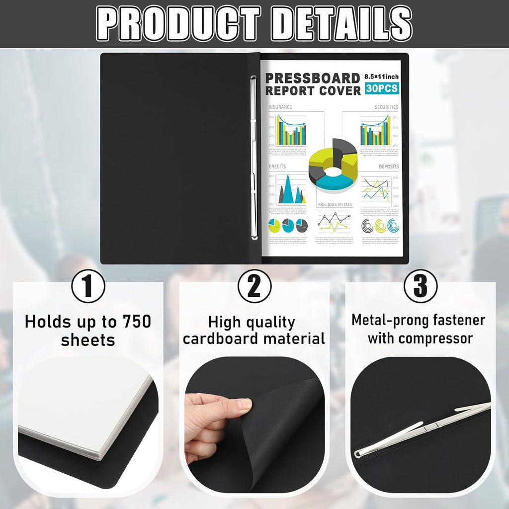 30 Pcs 8.5'' x 11'' Pressboard Report Cover, 3'' Capacity Metal Prong Fastener with Compressor, Letter Size, Presentation Folder to Neatly Bind Report, Proposal Document (Black)
