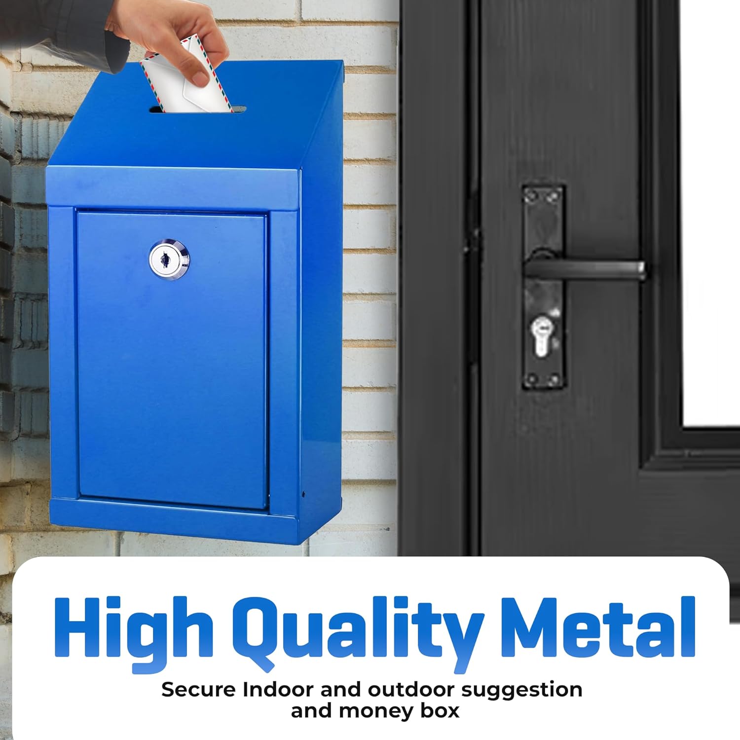 Metal Donation Box-Suggestion Box with Slot and lock-Cash Lock box for Money-Secure Drop Box-Comment and ballot voting box-comes with pre-drilled holes for easy wall mounting 10 X 6 X 2.5"(Blue)