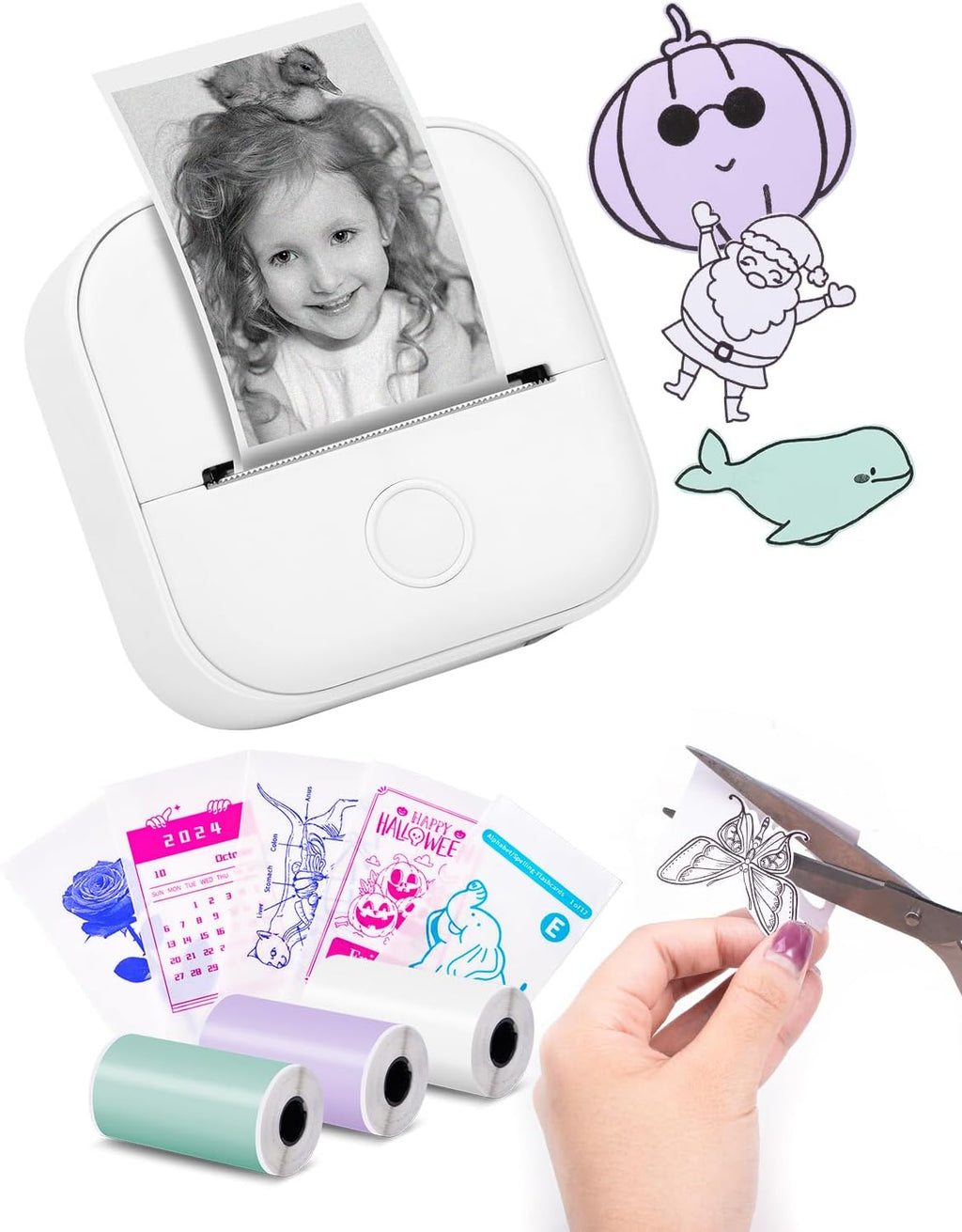 Memoking Sticker Printer - Mini Printer T02 Thermarote Mini Inkless Label Makers Thermal Sticker Maker Machine for Children Students, Compatible with Phone & Tablet, White