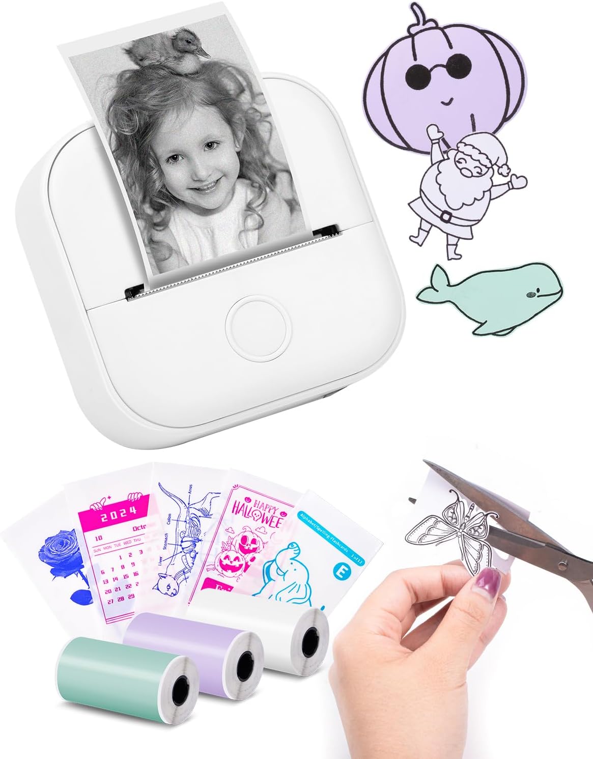 Memoking Sticker Printer - Mini Printer T02 Thermarote Mini Inkless Label Makers Thermal Sticker Maker Machine for Children Students, Compatible with Phone & Tablet, White