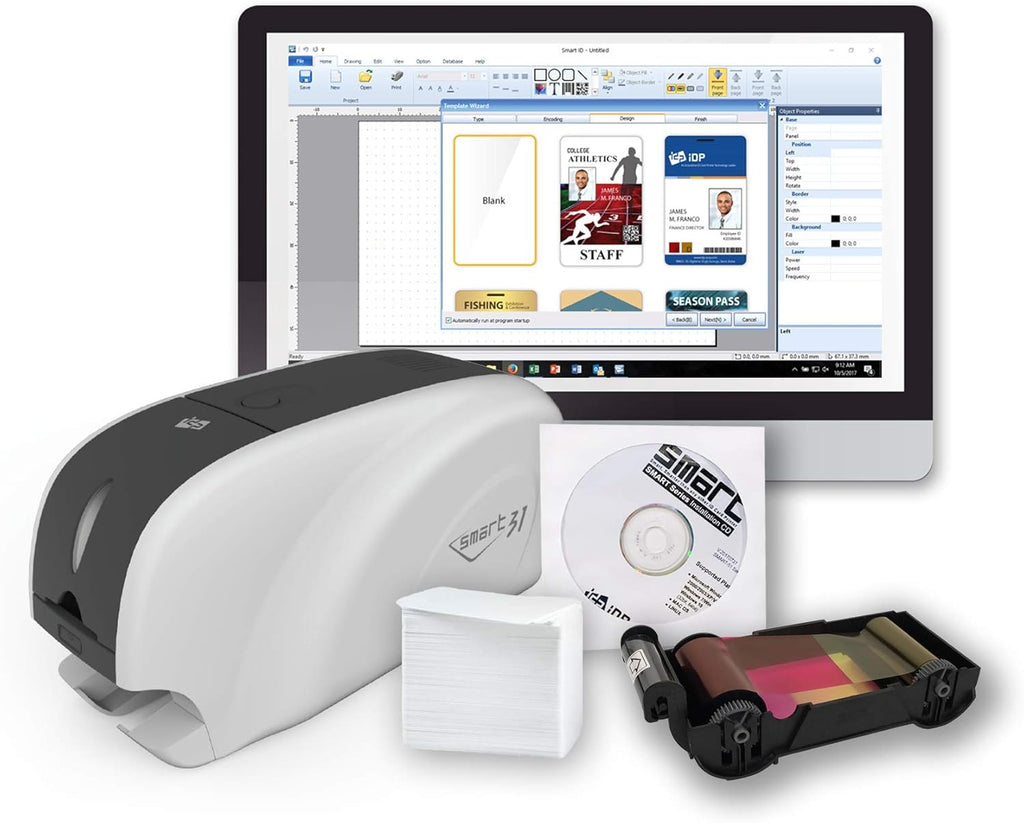 IDP SMART-31 Series ID Card Simplex Printer Kit with Windows ID Software, Manual and Guides - Includes 250-Print YMCKO Color Ribbon and 100 PVC Plastic Cards - Now with SMARTMark Security
