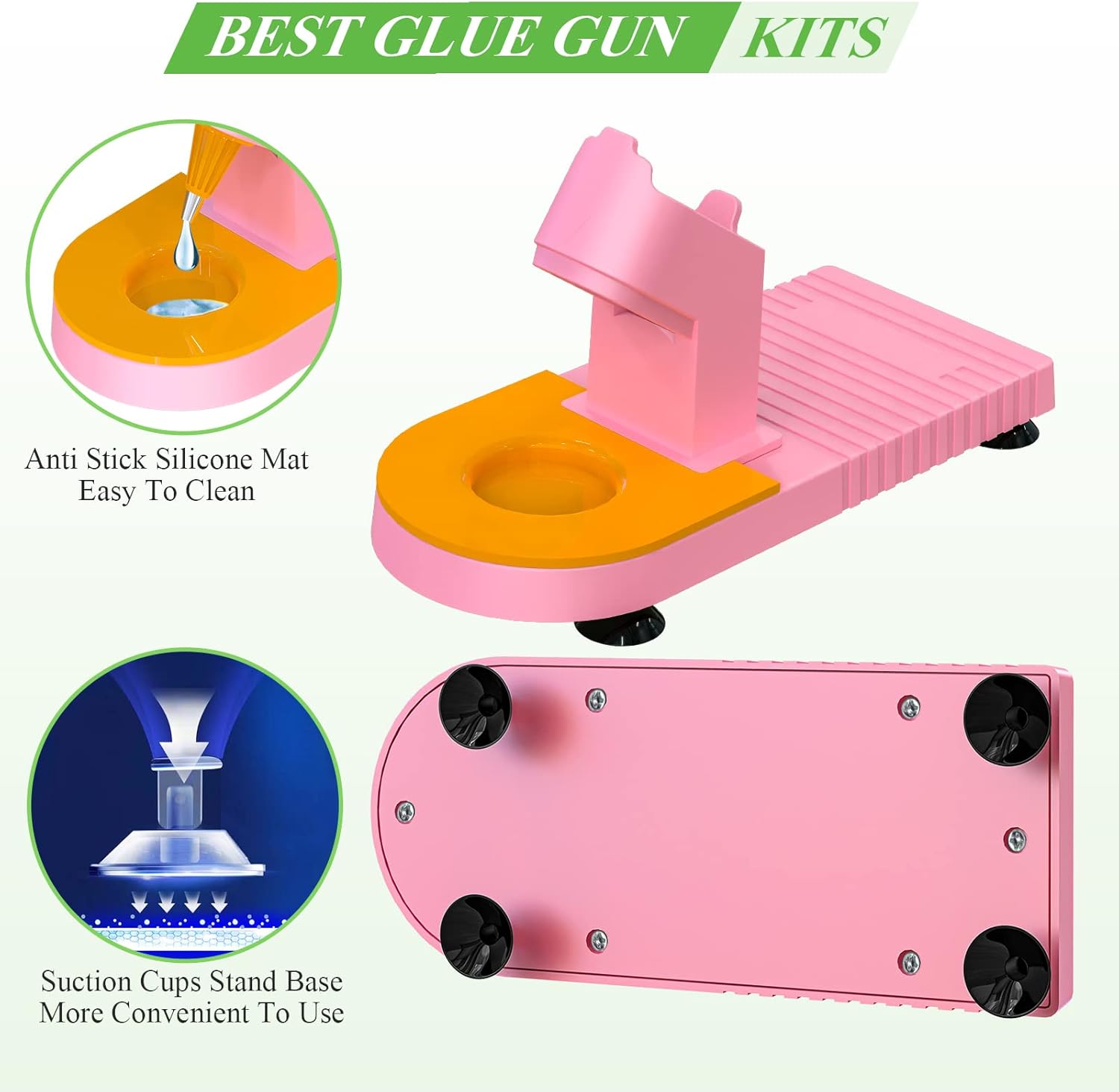 MONVICT Pink Hot Glue Gun Kit, Mini Glue Gun with Suction Cups Stand Anti Stick Silicone Mat, Hot Melt Glue Gun with Fine Tip & 30 Glue Sticks, On/Off Switch Design for DIY, Craft, Home School Project