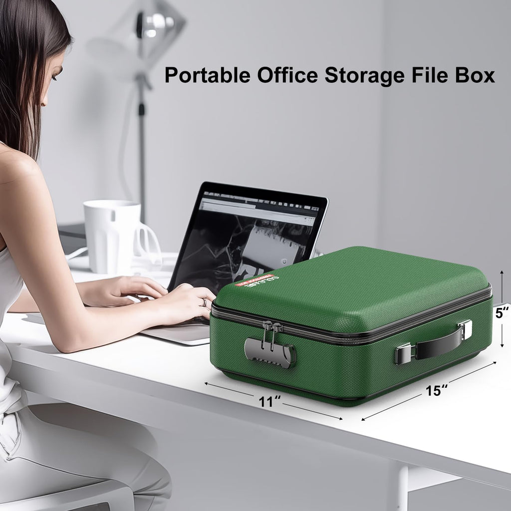 Fireproof Document Folder, Hard Fireproof Waterproof Document Box with Lock Creative Hard-Shell Design Fireproof Document Box for Important Documents Certificates Laptop Passports Green